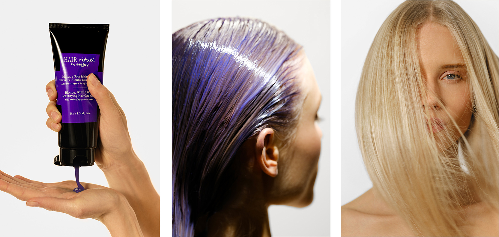 Modelka s blond vlasy m&aacute; ve vlasech masku Blonde, White & Grey Hair Beautifying Hair Care Mask