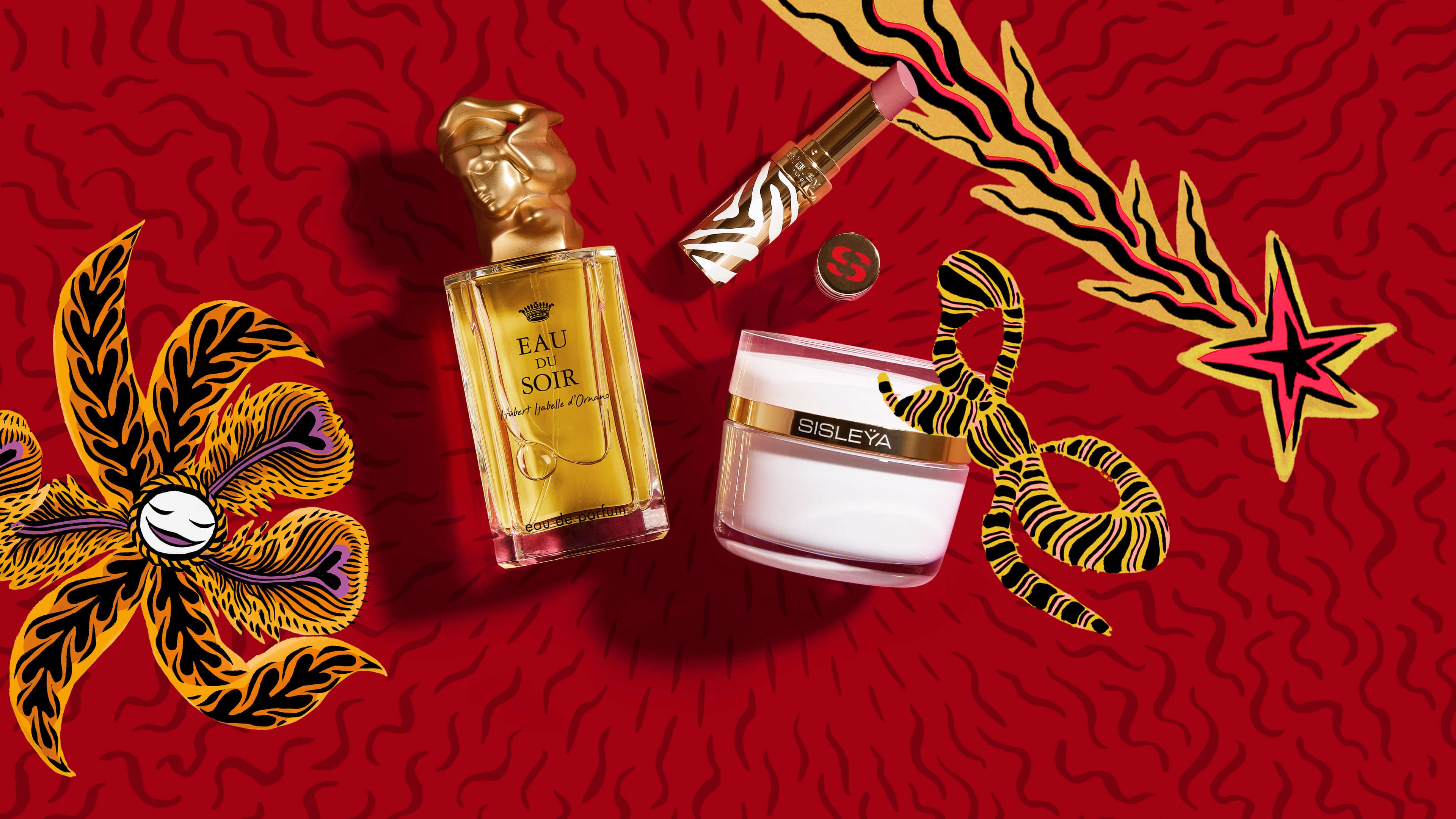Eau du Soir, Phyto-Rouge and the Sisleÿa Cream, featuring illustrations by Marie-Victoire de Bascher