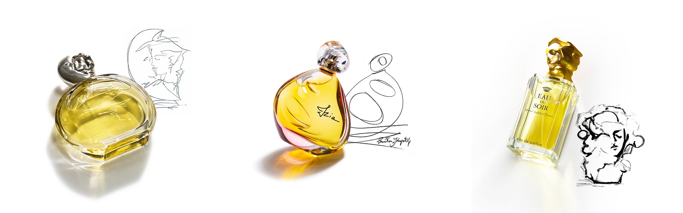 3 flaconi di profumo con il loro schizzo