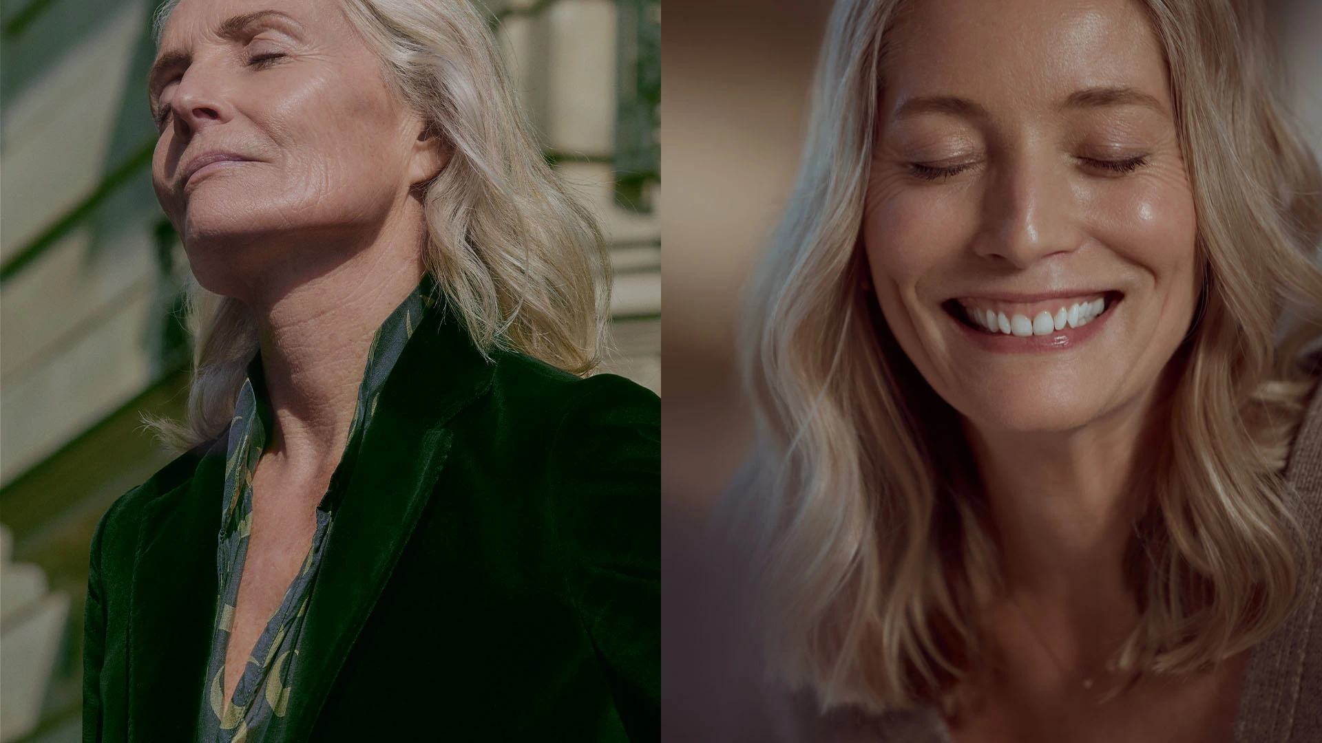 Två mogna kvinnor poserar leende för Sisley
