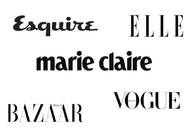 Tiskov&eacute; logo časopisu Esquire Tiskov&eacute; logo časopisu ELLE Tiskov&eacute; logo časopisu Marie Claire Tiskov&eacute; logo časopisu Bazaar Tiskov&eacute; logo časopisu Vogue